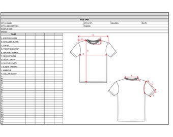 T-shirt size spec, Excel size spec, points of measure, size spec for tech pack, tech pack template, factory specs, t-shirt CAD sketch