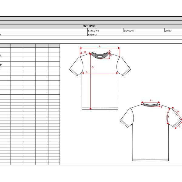 T-shirt size spec, Excel size spec, points of measure, size spec for tech pack, tech pack template, factory specs, t-shirt CAD sketch