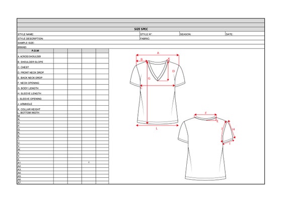 Women's Loose Fitting V Neck T-shirt Size Spec Template, Excel