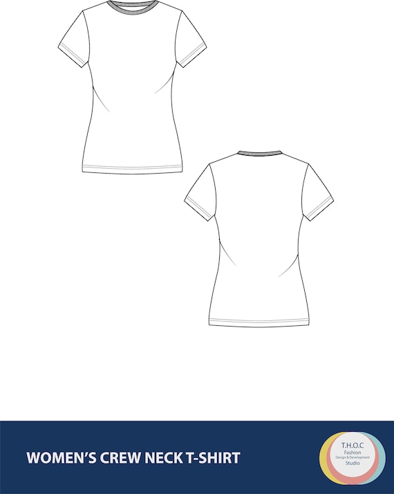 Women's crew neck t-shirt vector sketch, womens t-shirt flat sketch set,  t-shirt vector sketch, t-shirt CAD sketch, technical fashion sketch