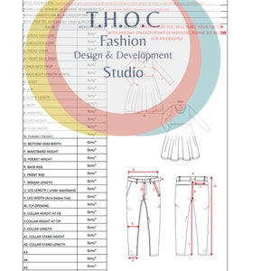 May include: A fashion design and development studio template with a measurement chart and sketches of a dress and pants. The chart includes measurements for the shoulder, chest, waist, hip, sleeve length, and other body measurements. The sketches show the front and back views of the dress and pants.