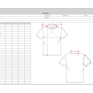 Puede incluir: Dibujo técnico de un polo con especificaciones de tallas. El diagrama incluye medidas para varias partes de la camisa, como el pecho, la longitud de la manga y la altura del cuello. La imagen está sobre un fondo blanco.