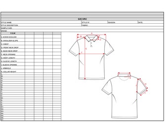 Polo shirt size spec, Excel size spec, points of measure, size spec for tech pack, tech pack template, factory specs, t-shirt CAD sketch