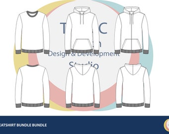 Sweatshirt fashion flat bundle, hoodie flat sketch set, sweatshirt vector sketch, CAD sketch bundle, technical fashion sweatshirt sketch
