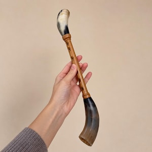 May include: A musical wind instrument featuring a central wooden pipe with finger holes, connected to two curved, polished animal horn sections at each end. The horn pieces display natural gradients of cream, brown, and black tones, while the wooden pipe is a light tan colour with dark circular accents.