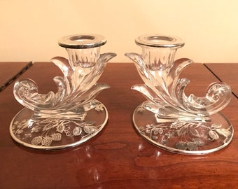 Midcentury Fostoria Baroque glass candlestick holders with silver overlay