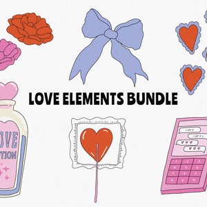 Set van handgetekende liefdeselementen Png en Svg | Trendy Valentijnsdag Svg Png | Love Clip Art | Retro Png Bundel | Love Cut-bestanden voor Cricut