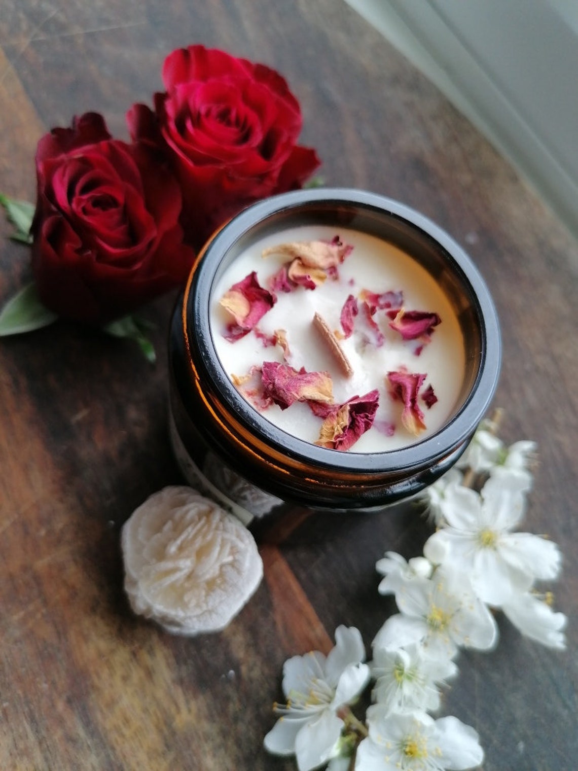 Jasmine & Rose SOY wax candle with wooden wick in eco friendly Etsy