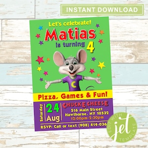 Invitation de fête d'anniversaire modifiable Chuck E. Cheese (5 x 7 po.) - Téléchargement instantané - Fichier numérique !