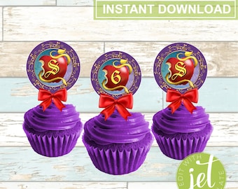 Editable Descendants Apple Cupcake Toppers, Digital File, Instant Download, Personalized Birthday Toppers!