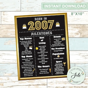 Póster del 18.º cumpleaños, 2007, tablero de datos, idea de regalo, póster de hace 18 años, póster de hitos en 2007, archivo digital de 8 x 10, descarga instantánea.