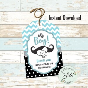 Mustache Oh Boy Baby Shower Thank You Tags- Digital File- Instant Download!
