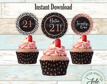 Zwart en roségouden 21e jaar oude verjaardag cupcake toppers - digitaal bestand - direct downloaden!