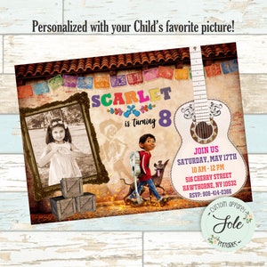 May include: A colorful invitation for an 8th birthday party with a photo of a girl and a cartoon character from the movie Coco. The invitation features a guitar, a colorful banner, and the text "SCARLET is turning 8".