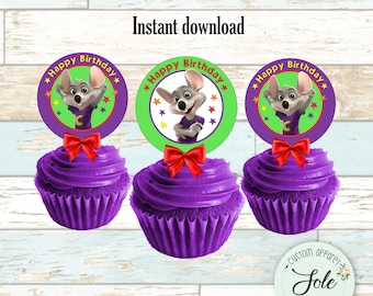 Ozdoby na babeczki urodzinowe Chuck E. Cheese (okrągłe, 2,5 cala) – do pobrania natychmiast – plik cyfrowy!