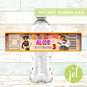Editable Coco Water Bottle Labels, Coco Birthday Party, Skeleton, Fiesta, Guitar, Digital File, Instant Download!
