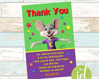 Edytowalna kartka urodzinowa z podziękowaniami od Chucka E. Cheese'a (4" x 6") — do natychmiastowego pobrania — plik cyfrowy!