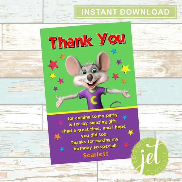 Editable Chuck E. Cheese Birthday Thank You Card ( 4"x 6")- Instant Download- Digital File!