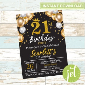 Faire-part modifiable pour une fête d'anniversaire de 21 ans, vingt et un anniversaire, anniversaire de la reine, invitation noir et or, ballons dorés, téléchargement numérique instantané !