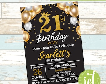 Editable 21st Birthday Party Invitation, Twenty One B-day,  Queen Birthday, Black and gold Invite, Gold Balloons, Instant Digital Download!