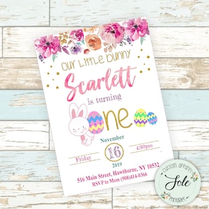 First Birthday Easter Bunny Girl Invitation- Digital File- No instant Download!
