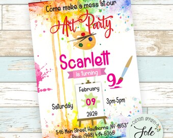 May include: A colorful invitation for an art party for a child turning nine. The invitation features a paint palette, paintbrushes, and a paint-splattered background. The text on the invitation reads "Come make a mess at our Art Party, Scarlett is turning 9, Saturday February 09, 2020, 3pm-5pm, 516 Main Street, Hawthorne NY 10532, Rsup: (908) 414-0366, Custom Apparel Sole Amibbles."