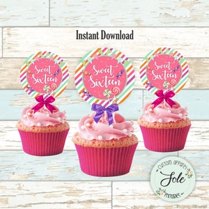 Sweet Sixteen toppers- 16 years old birthday Cupcake Toppers - Candy Birthday Party -Rainbow colors-  Digital File- Instant Download!