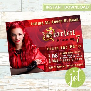 May include: A red and gold party invitation with the text "Calling All Queen Of Mean" and "Scarlett is turning 7". The invitation includes the date, time, and location of the party, and a photo of a woman with red hair.