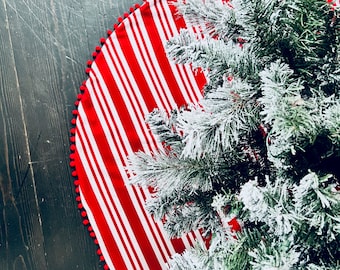 Peppermint Christmas Tree Skirt | Red Mini Pom Pom  Christmas Tree Skirt  | Red Tree Skirt |