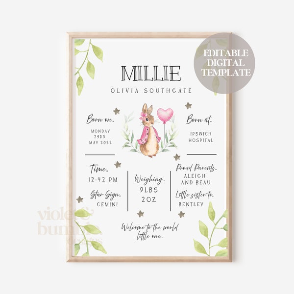 Personalised Pink Rabbit Birth Announcement | Editable Template | New Baby | First Birthday | Nursery Print