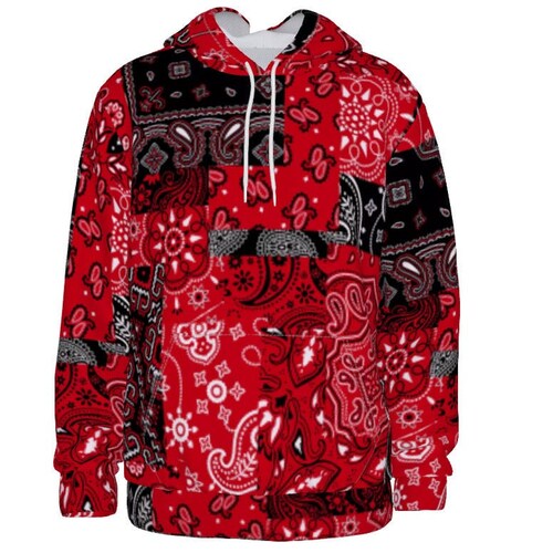 Red Black Patchwork Bandana Style Hoodie Allover Print Etsy