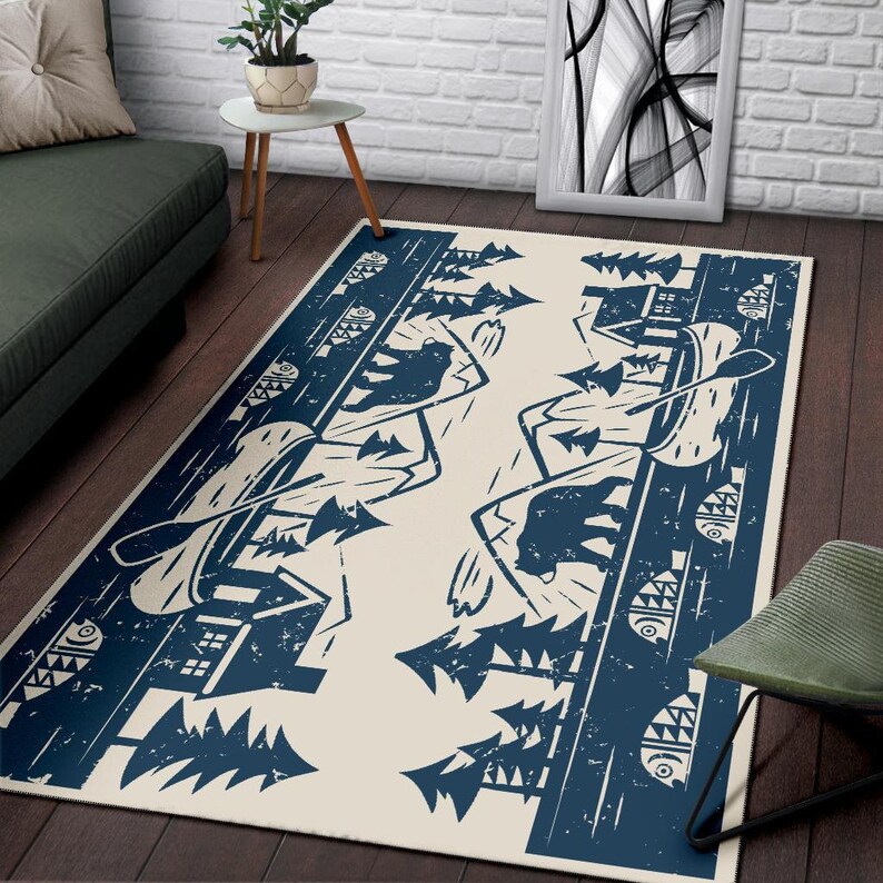 Cabin Lake Lodge Area Rug Fishing Rug Bear Rug 5X8 4X6 Etsy