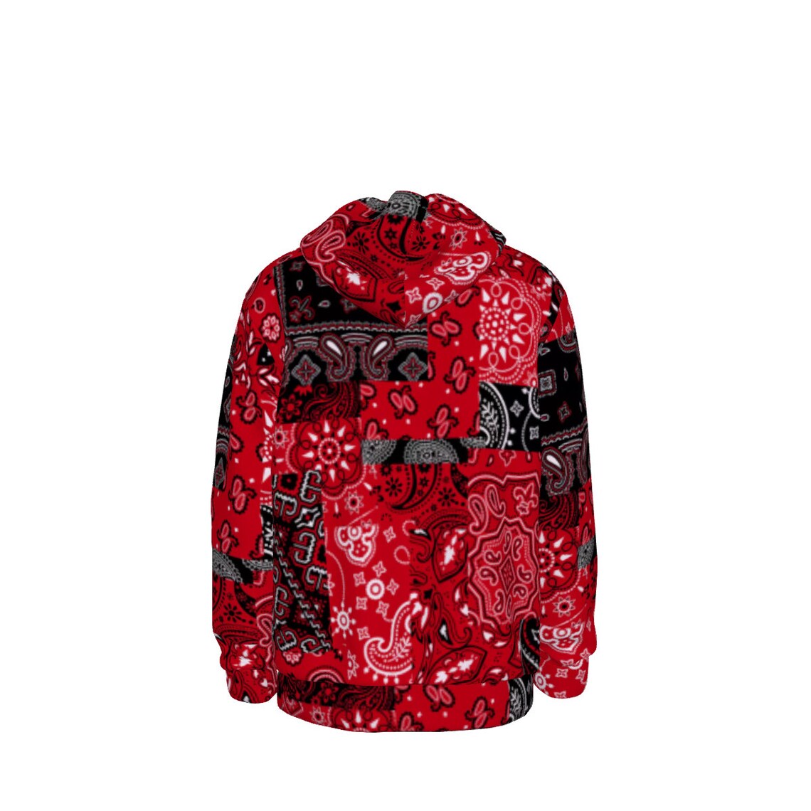 Red Black Patchwork Bandana Style Hoodie, Allover Print Unisex