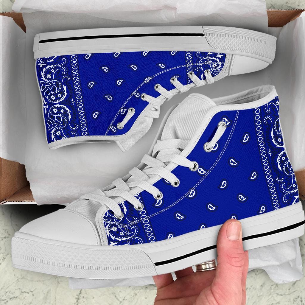 Crip Blue Bandana Style Men's High Top Shoes With Black or White Sole, High Top Sneakers