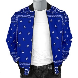 Blue Bandana Men's Bomber Style Jacket, Premium Polyester Blend Bomber Jacket With Crip Blue Bandana Style Design