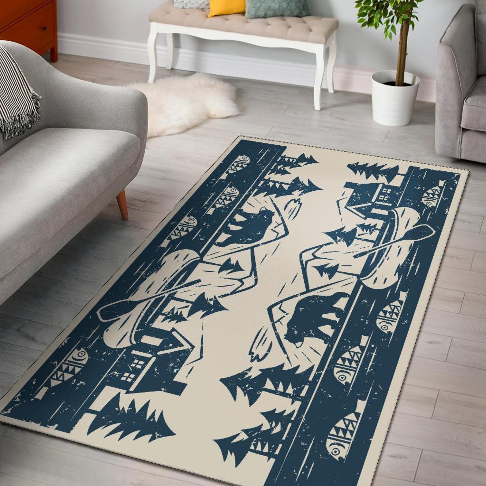 Cabin Lake Lodge Area Rug Fishing Rug Bear Rug 5X8 4X6 Etsy