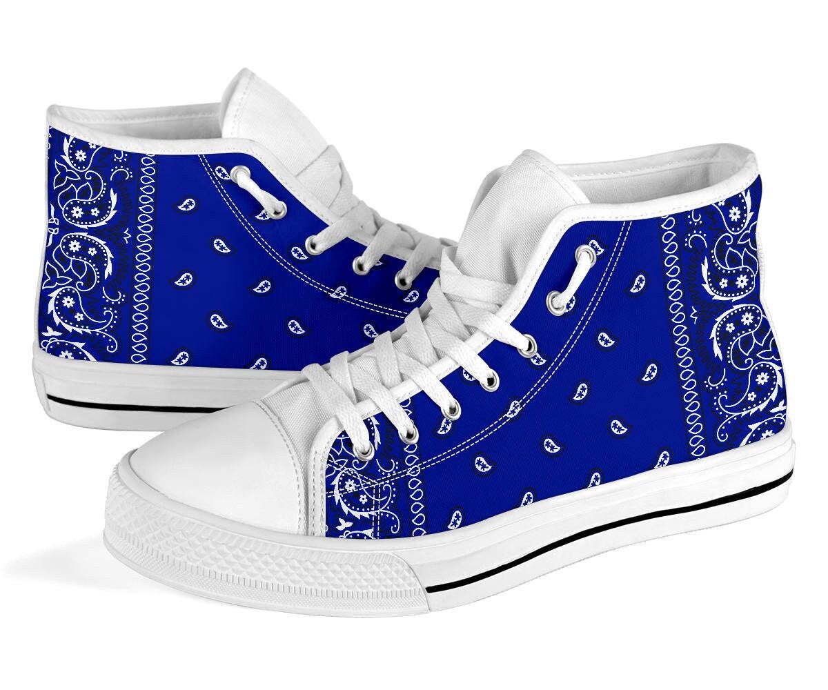 Crip Blue Bandana Style Men's High Top Shoes With Black or White Sole, High Top Sneakers