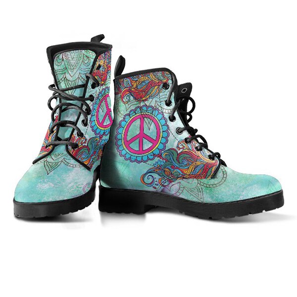 Hippie Van Peace Sign Pattern Print Men Women Leather Boots main image 1