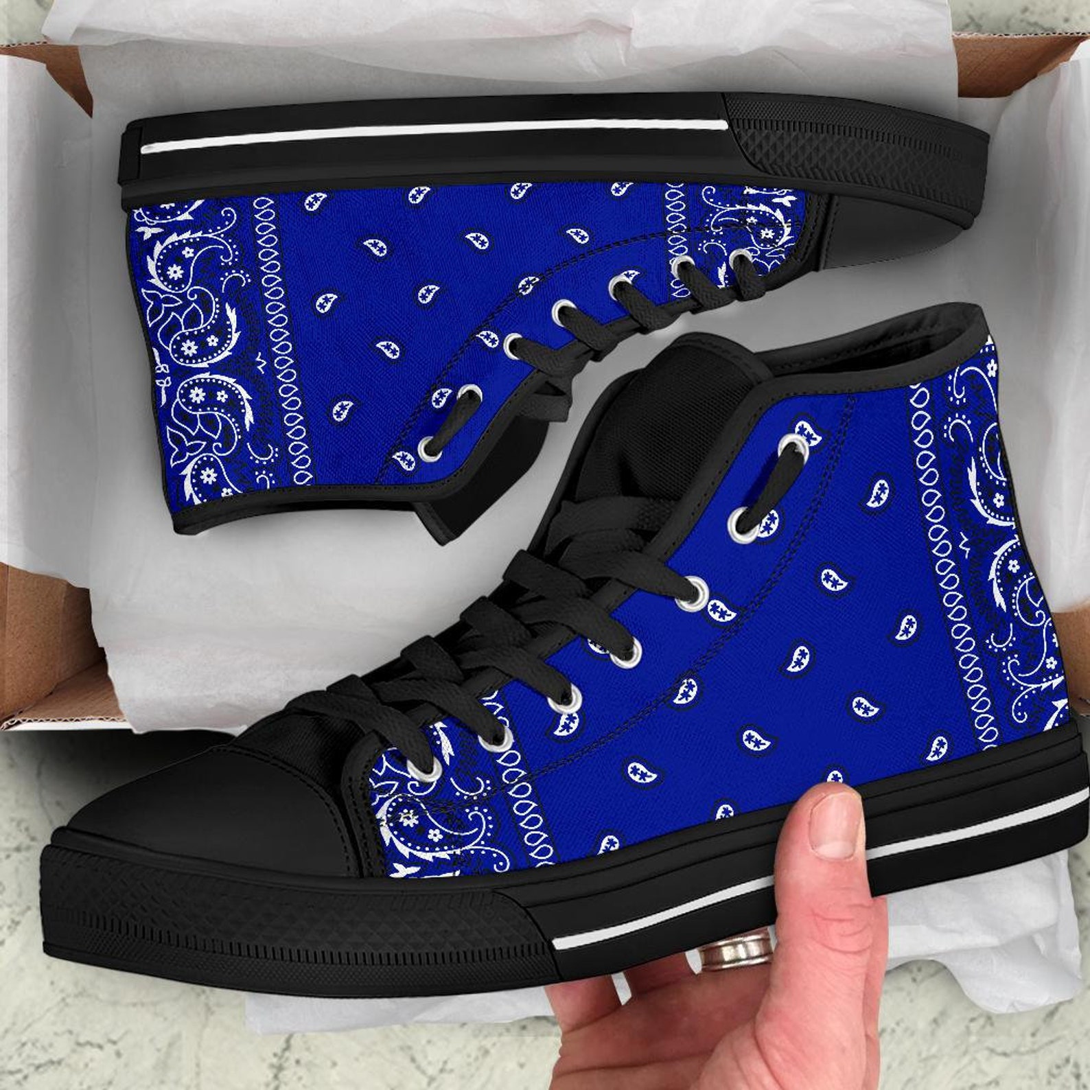 Crip Blue Bandana Style Men's High Top Shoes With Black or White Sole