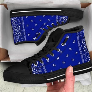 Crip Blue Bandana Style Men's High Top Shoes With Black or White Sole, High Top Sneakers, Blue Bandana