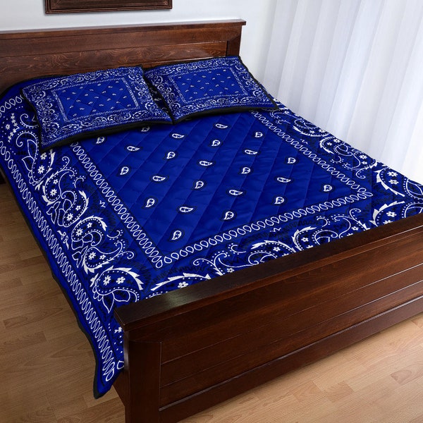 Crip Blue Bandana Style Quilt Bed Set, Blue Quilt Bed Sets, Breathable Quilt, Twin Queen King Size, Adult Gift, Home Decor