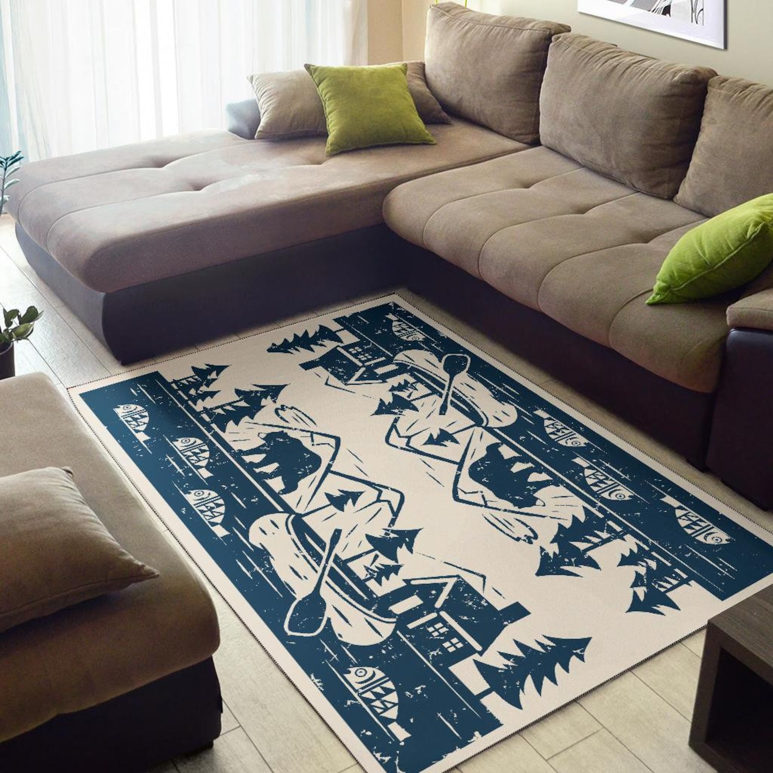 Cabin Lake Lodge Area Rug Fishing Rug Bear Rug 5X8 4X6 Etsy