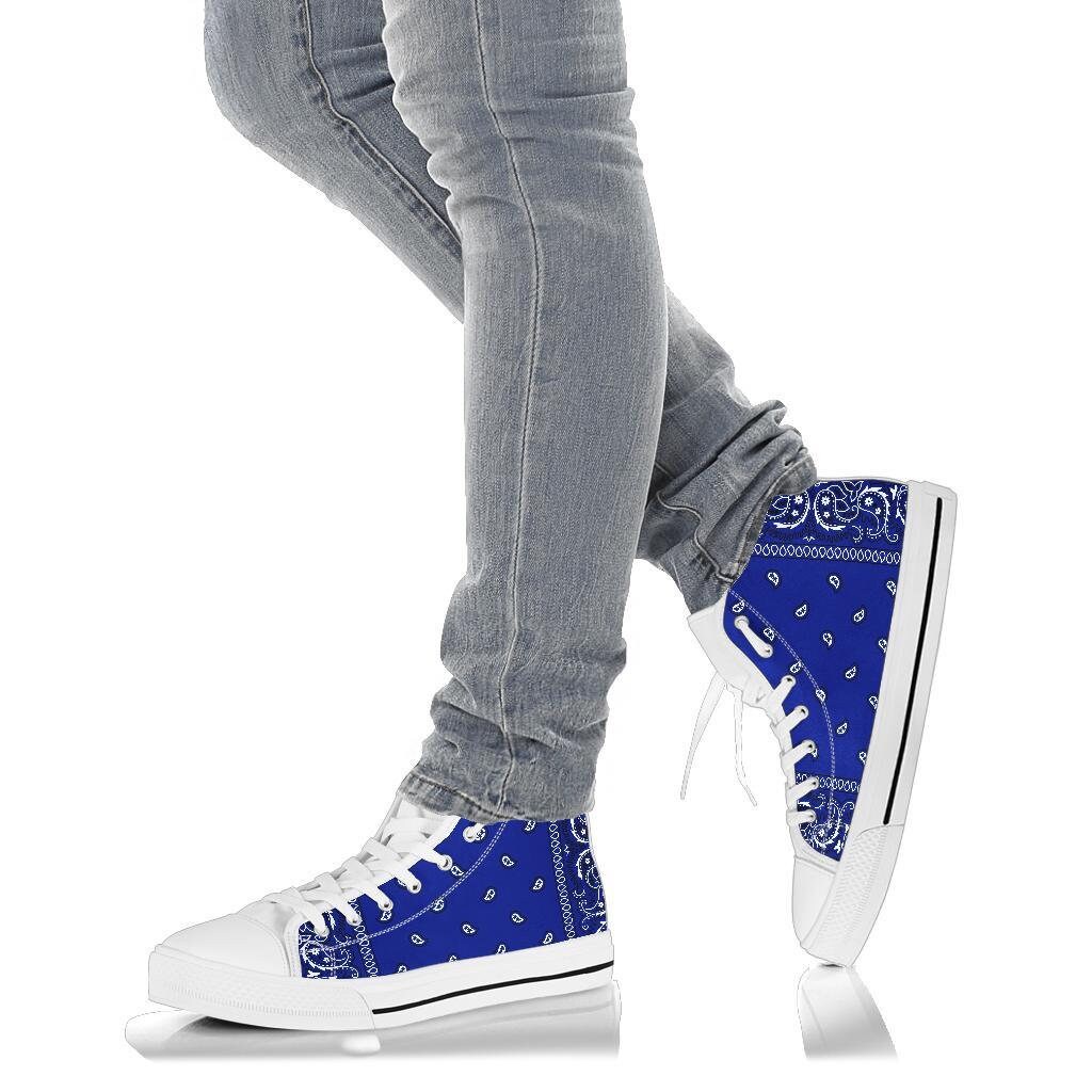 Crip Blue Bandana Style Men's High Top Shoes With Black or White Sole, High Top Sneakers