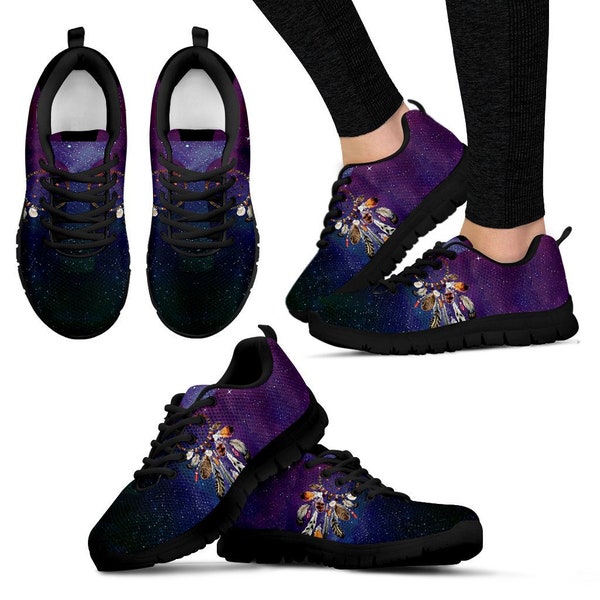 Feather Vintage Dream Catcher Pattern Print Black Sneaker Shoes For Men Women