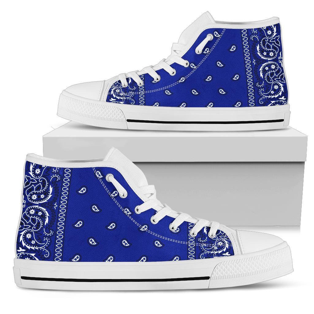 Crip Blue Bandana Style Men's High Top Shoes With Black or White Sole, High Top Sneakers