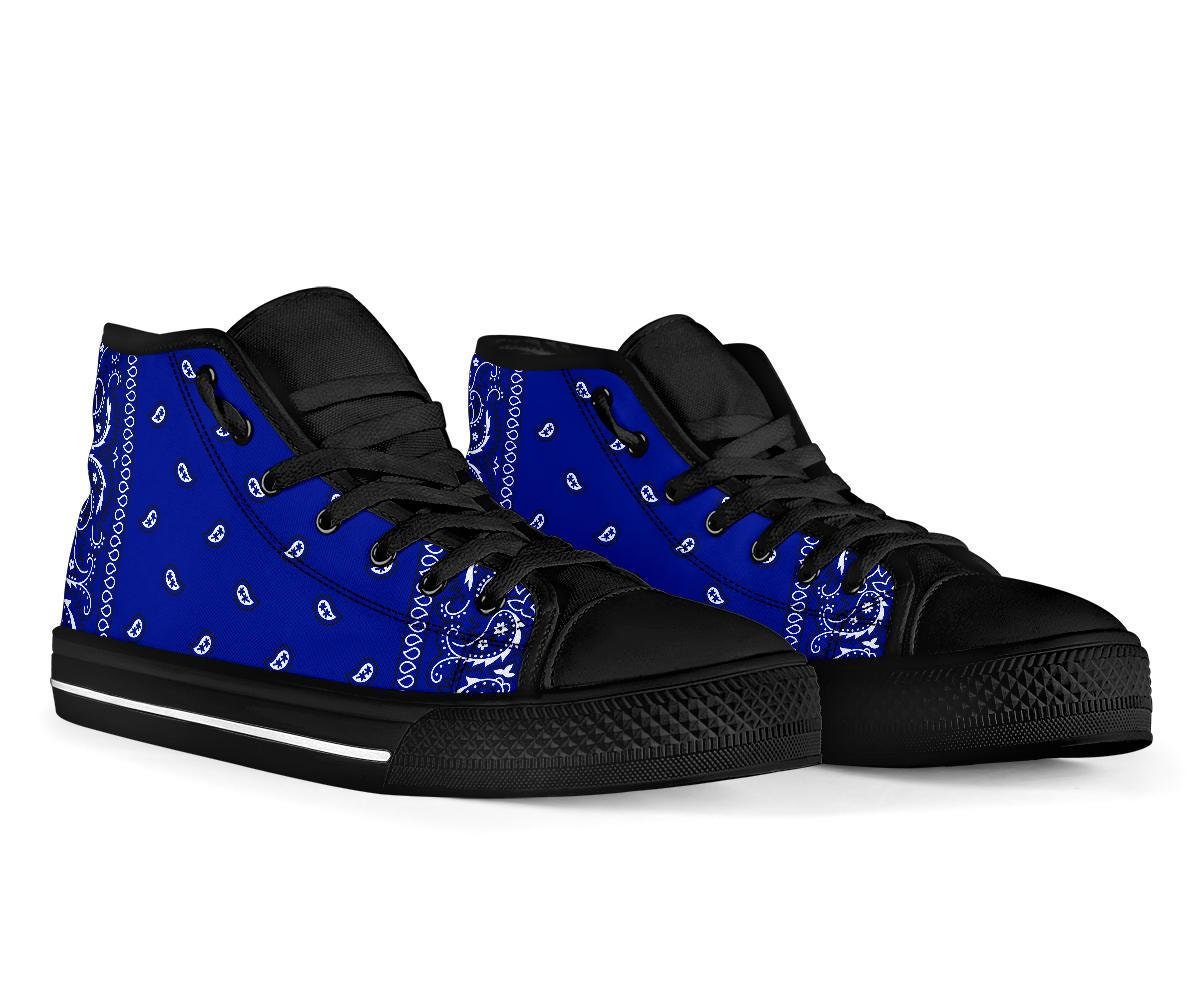 Crip Blue Bandana Style Men's High Top Shoes With Black or White Sole, High Top Sneakers