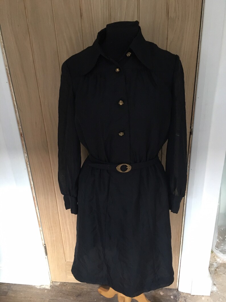 Vintage Black Shirt Style Dress Approx UK Size 12-14 See Measurements