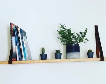 Wall shelf solid oak wall board with fastening leather or metal angle living room shelf leather strap