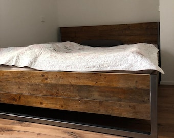 Bed Frame Frame Wood Metal Industrial Design Industrial Look Sleeping Place Bedroom Guest Room