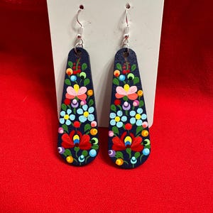 Hand Painted Hungarian Matyo Folk Art On Wood Earrings